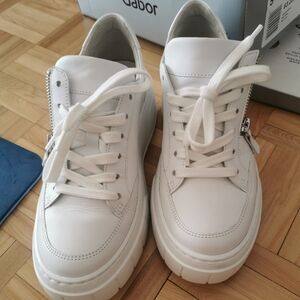 Gabor White Leather Lace-Up Sneakers with Side Zipper